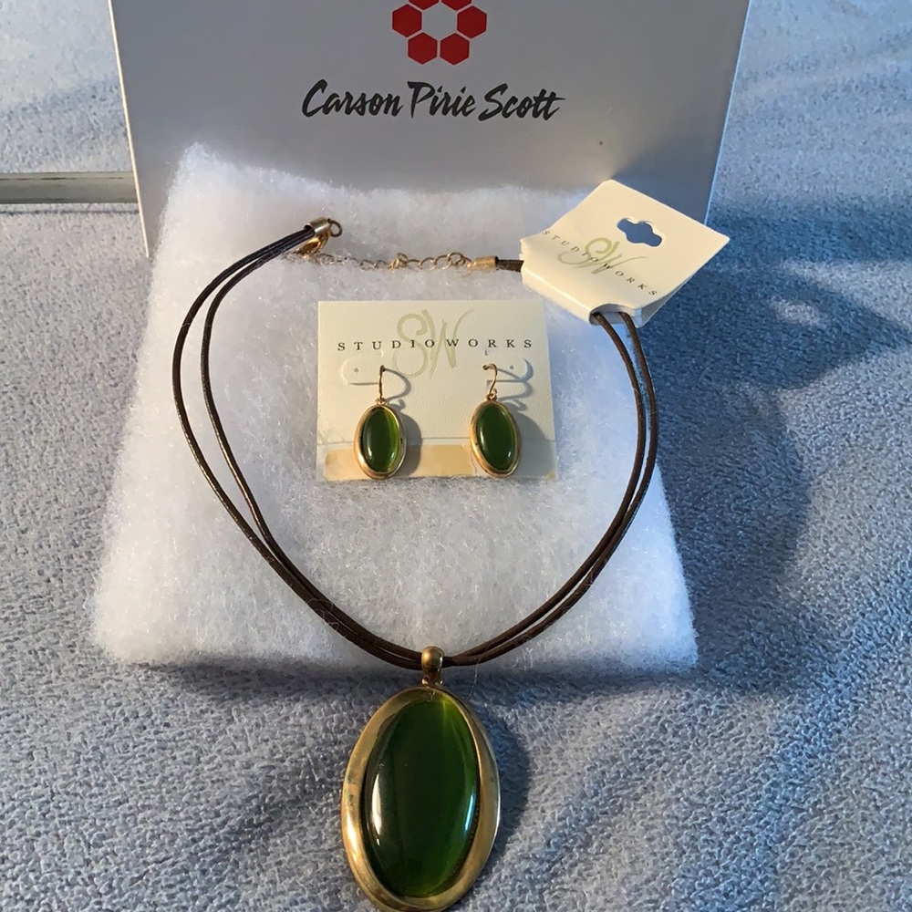 Studio works green necklace and earrings.